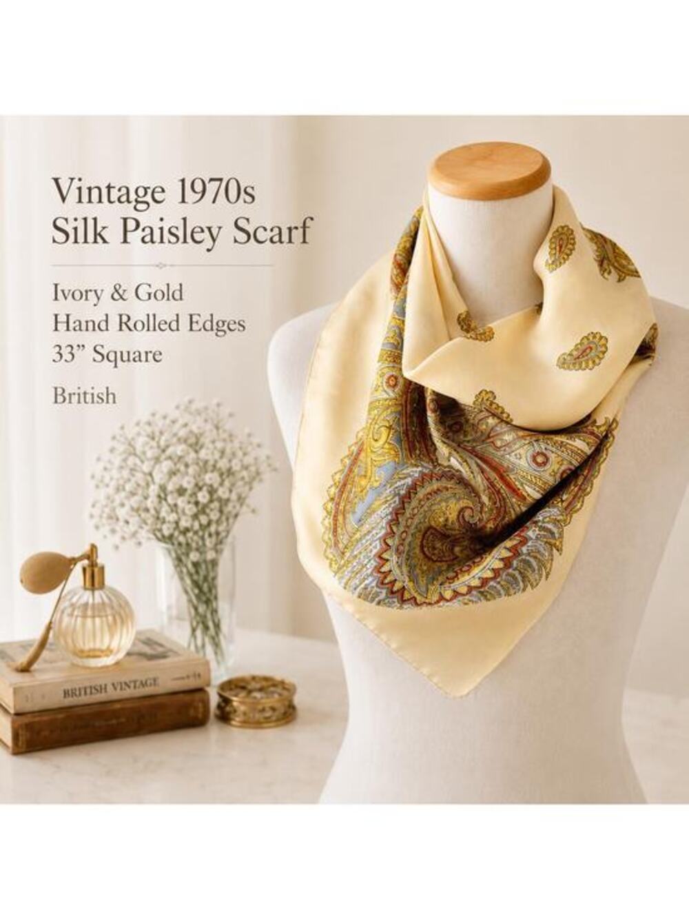 Vintage 1970s Silk Paisley Scarf Ivory Gold Hand Rolled Edges 33” Square British